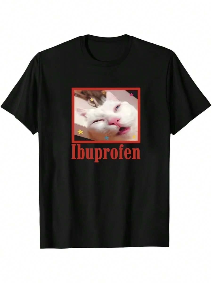 Camiseta Casual de Manga Corta para Hombre - Estampado Divertido de Gato e Ibuprofeno, Ligera, Cuello Redondo, Lavable a Máquina, Corte Regular, Diseño Divertido, Tela Cómoda, Tallas Grandes - Negro - Ver 1