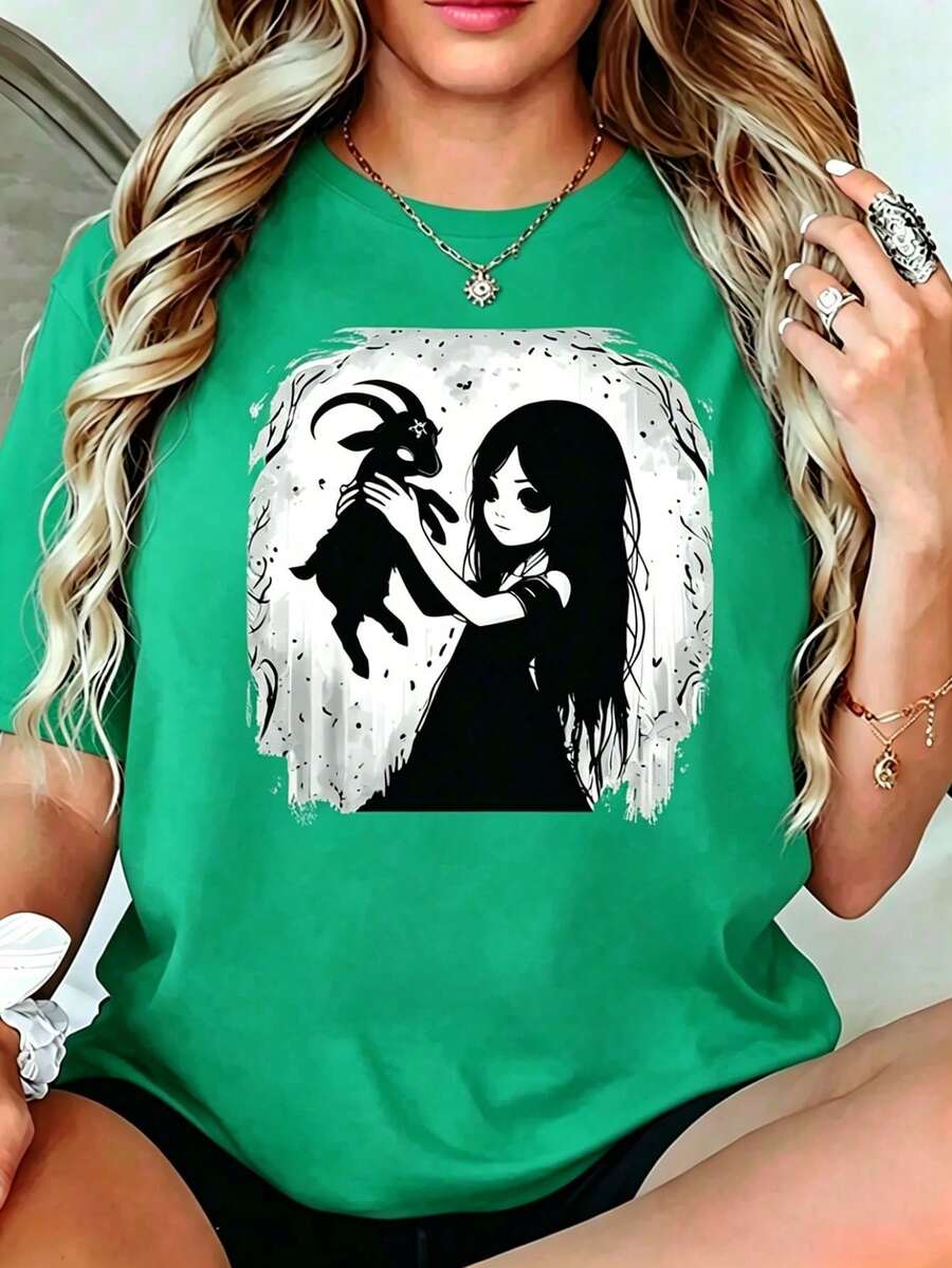 Women's Plain Black Loose Fit T-Shirt, Gothic Aesthetic Shirt With Goat And Girl Graphic In Forest Mystery, Youth And Alternative Tops, Pretty Elegant Blouses, Urban Clothing - 綠色的 - 查看 1