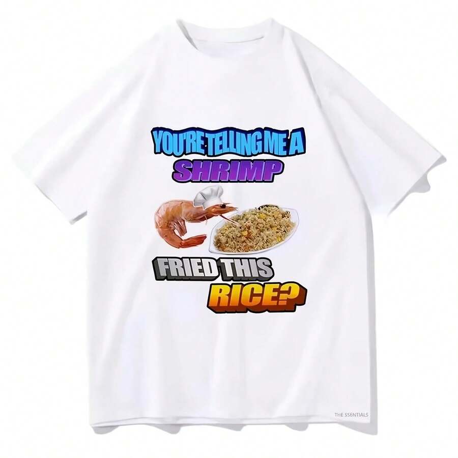 Camiseta de verano para hombre con estampado de camarones fritos en arroz, manga corta y cuello redondo - Multicolor - Ver 1