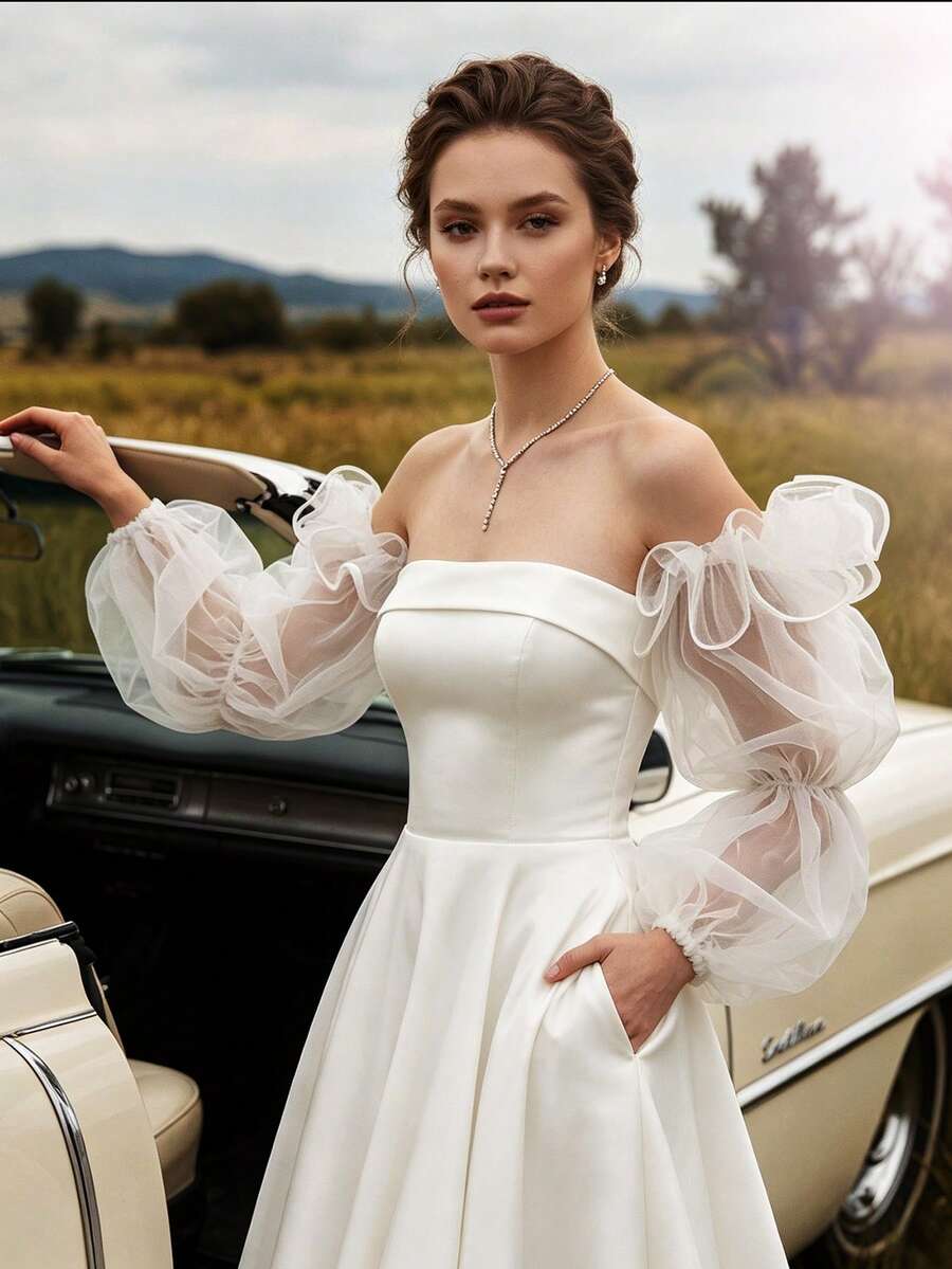 1 đôi tay áo lồng đèn rộng xếp nếp màu trắng tinh, phụ kiện tay áo dài thời trang cá tính cho váy dài, tay áo rời cho đám cưới/tiệc tối/tiệc sinh nhật/tiệc tối