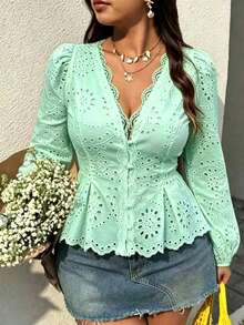 Plus Size Women's Casual Commuter Blouse, Mint Green Embroidered Fabric With Lace Trim, Mushroom Button, Ruched Waist, Single Layer Sleeve, Elegant Vacation Wear - Mint Green - View 3