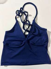Minimalist Halter Top With V-Neck And Tie At The Neck Summer - Màu xanh hải quân - Xem 12