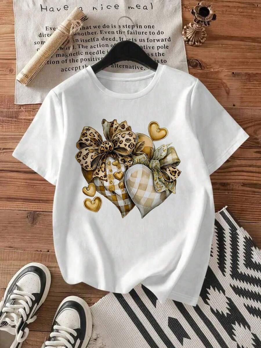 Leopard Print T-Shirt With Heart And LOVE Lettering, Retro Boho Aesthetic Style, Short Sleeves, Round Neck, Summer - White... - View 1