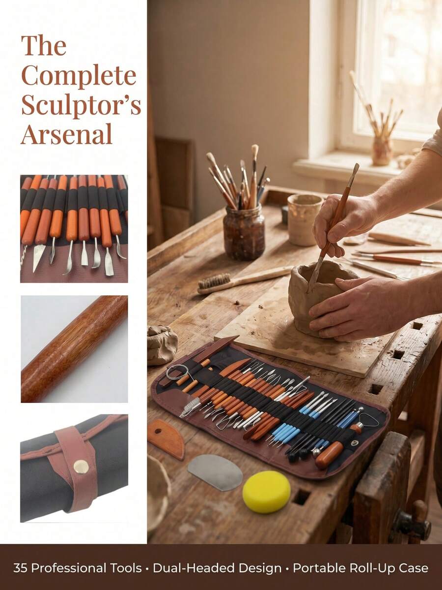 35-Piece Set, 24 Pieces With Cloth Bag / 8 Pieces. Red Pottery Tool Set, Including Carving Tools. Artist's Soft Clay Set. - Multi-piece Pottery Tool Set - View 1