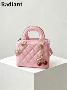 Sweet And Delicate Quilted Design, Cherry Pendant Decoration, Mini Lady Bag, Fashionable, Versatile, Simple And Elegant Women's Handbag. - Pink - View 1