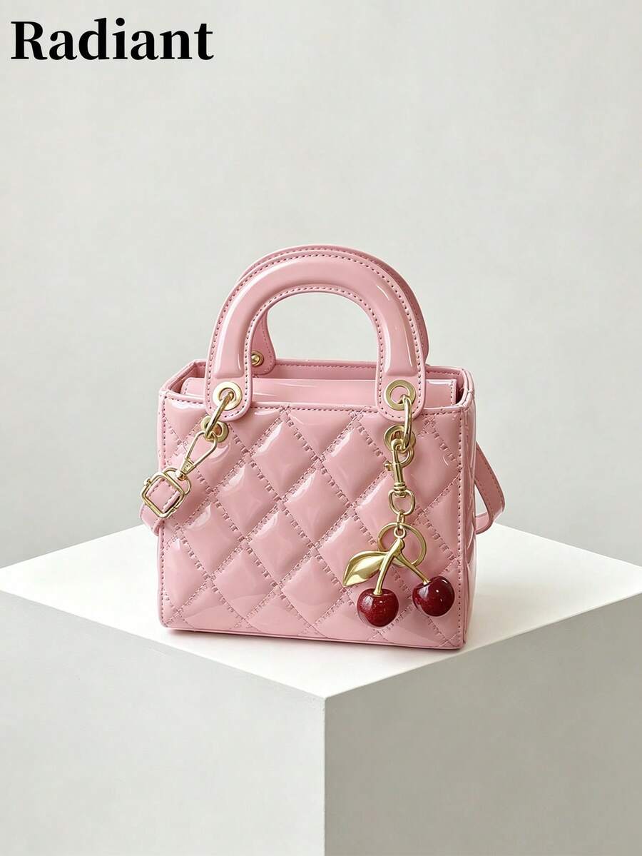 Sweet And Delicate Quilted Design, Cherry Pendant Decoration, Mini Lady Bag, Fashionable, Versatile, Simple And Elegant Women's Handbag. - Pink - View 1