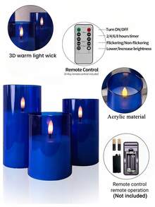 3pcs Flameless Candle Lights, With Remote Control/Timer Function, Battery Powered, Suitable For Christmas, Halloween, Valentine's Day, Mother's Day, Gift, Birthday, Proposal, Wedding, Dining Table, Party - Blue - Warm Light - View 9