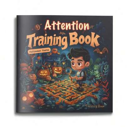 Halloween-handbok för uppmärksamhetsträning, fokusövningsbok med labyrinter och visuella sökutmaningar, observations- och logikövningar, skärmfria pedagogiska spel, söta och lätt kusliga illustrationer, perfekt för lugna stunder