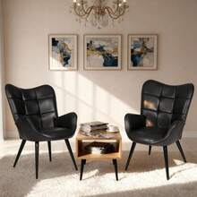 Moderner Esszimmerstuhl im Mid-Century-Design, gepolstert mit Rückenlehne und Massivholzbeinen, komfortabler Akzentstuhl für Küche, Esszimmer, Wohnzimmer & Restaurant - Schwarz - Übersicht 5