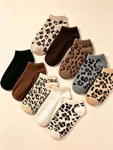 1/5/10 Pairs Random Women's Leopard Print Boat Socks, Fashionable Soft Animal Pattern Crew Socks, Suitable For Daily Wear, Back To School, Running, Hiking, Training Socks, All Seasons - Multicolor - View 3