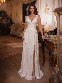 New Thick Strap Sleeveless Plastic Waist High Slit To Thigh Lace Ruffle Dress White Wedding - White - View 4