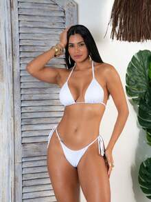 Triangle Bikini With Double Polyamide String Tie-Up Panties - White - View 2