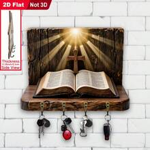 Christian Jesus Bible Wall Hanging Key Rack 2D Flat Non-3D Vintage Icon Cross Wooden Key Storage Hook Believer Home Entryway Wall Faith Decor Plaque - Jesus Bible Theme - View 10