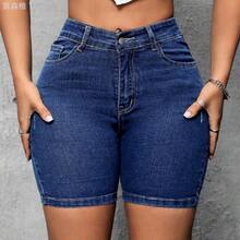 jianchaimaoyi02  Pantalones Cortos De Mezclilla Ajustados De Cintura Alta Para Mujeres - Azul lavado medio - Ver 5