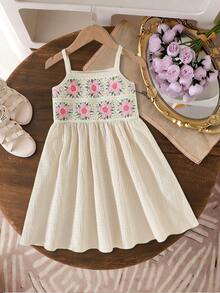 Robe débardeur élégante et à la mode pour jeune fille, à bretelles spaghetti, avec garniture de ruban en crochet floral, style vacances d'été - Nude - Voir 1