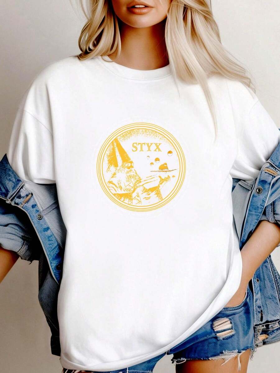 1 Piece Of Casual T-Shirt For Men And Women With A Vintage STYX Print, Official Rock Band Merchandise, Long-Sleeved Black T-Shirt. Versatile, Easy To Match, A - 白色的 - 查看 1
