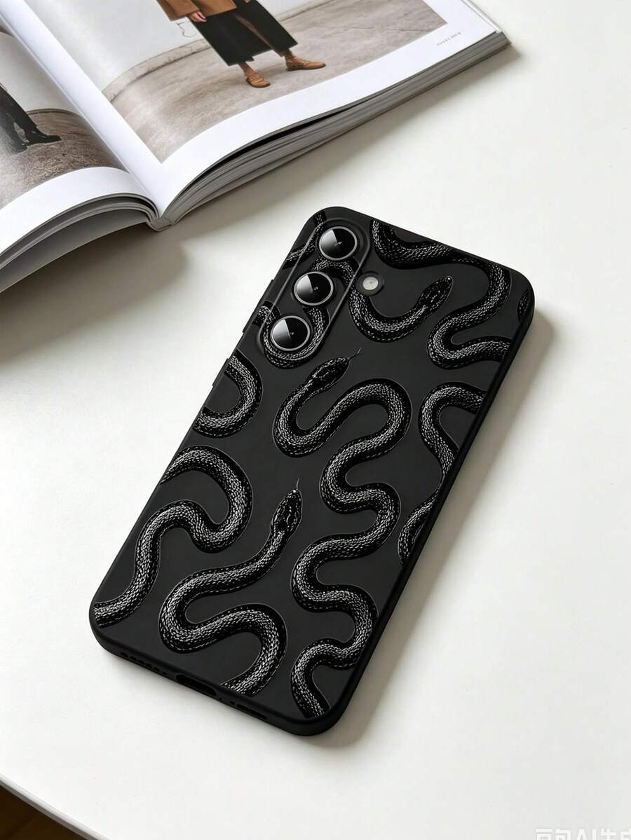 1pc Fierce Black Snake Design Pattern Black Micro-Hole Soft Shell Phone Case, Compatible With Galaxy S26Ultra/S26+/S26/S25Ultra/S24Ultra/S23Ultra/S22Ultra/A71/A07/A17/A37/A57/A56 Models, Comfortable Grip Phone Case, Versatile For Summer Outings, Student Daily, Graduation Season, Vacation Season, Back To School, Commuting, Summer Fashion Phone Case - Black - View 1