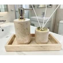 Luxury Marble Bathroom Accessories Set, Soap And Lotion Dispenser Bottles, Reed Diffuser With Tray, Elegant Vanity Storage Box, Home Decor - Beige - View 2