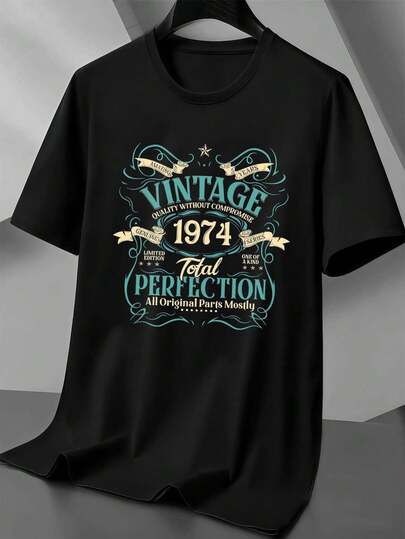 Vintage grafisch T-shirt voor heren uit 1974, retro herfststijl, hoogwaardige stof, ronde hals, relaxte pasvorm, hiphop streetstyle.