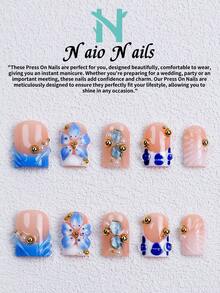 NAIO 10入/組 手工穿戴式假指甲，3種尺寸：棺材型/杏仁型/短方型，Y2K辣妹風，裸色/藍色/白色貓眼法式邊緣，3D花朵與金珠裝飾，奶油質感，適合女性與女孩，派對與日常穿戴，含工具組，禮物與美甲用品 - 彩色 - 查看 15