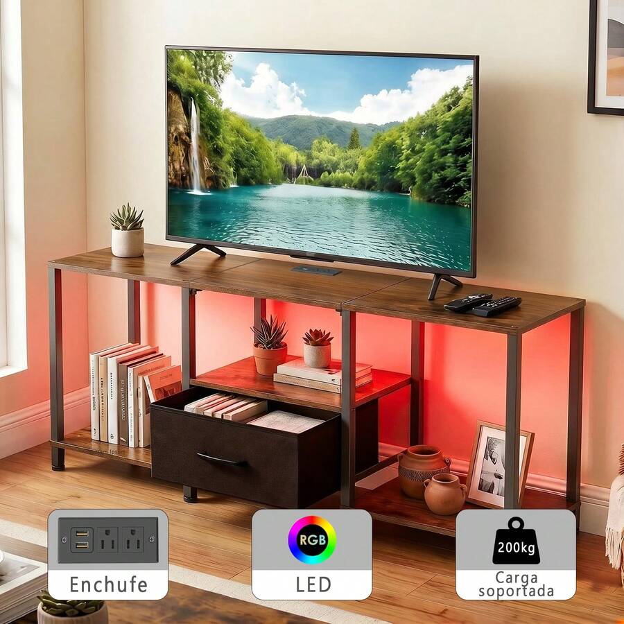 Industrial Style TV Stand 120cm, Entertainment Center Table With Drawer And Shelves - Rust Brown - View 1