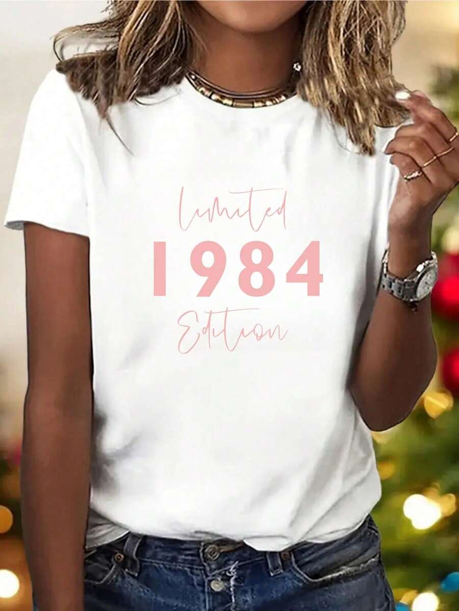 1 Piece Women's Casual Sportswear, Limited Edition Vintage 1984, Short Sleeve, Birthday Gift For Mother's Day - Unisex Loose Cotton T-Shirt - 白色 - 查看 1