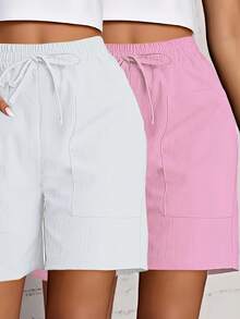 New 2026 Model: [Drawstring Shorts] 2-Piece Women's Casual Shorts Set With Drawstring And Pockets In Solid Color - Blue+Orange - View 6