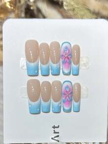 10pcs Handmade Square Long Press-On Nails, DIY Acrylic Nail Art, Pink Gradient Blue French Tips, 3D Flower Water Drop Design, Luxury Y2K Summer Nails, Suitable For Party, Daily, Date, Beach Vacation Outfits, Nail Supplies Gift For Women And Girls - Multicolor - View 13