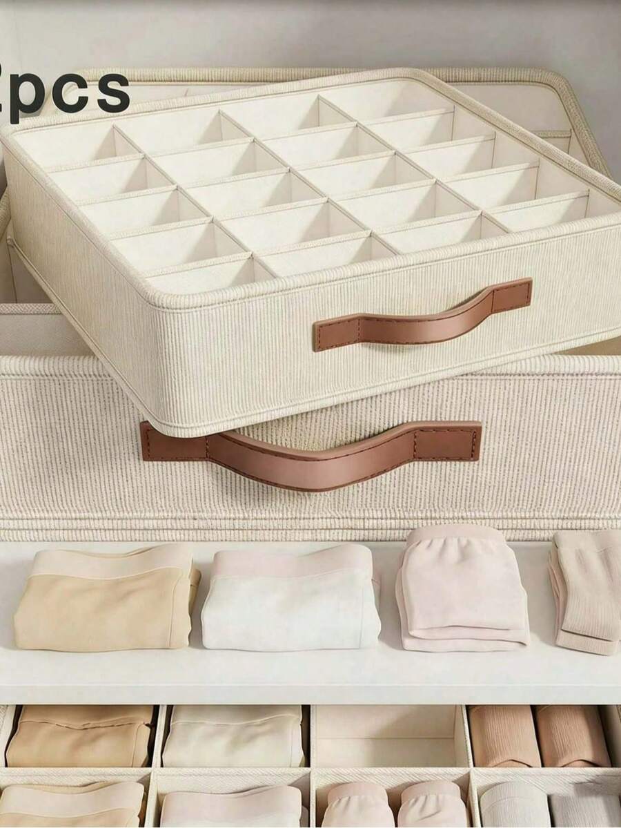 2pcs Foldable 20-Grid Drawer Organizers With Leather Handles. Independent Dividers, Dustproof And Washable. Rigid Frame Prevents Deformation. Perfect For Sorting Bras, Socks And Small Items, Keeps Wardrobe Tidy. - 彩色 - 查看 1