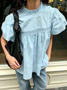 Summer Light Blue Frill Trim Stand Collar Babydoll Top, Lace Patchwork Puff Short Sleeve, Loose A-Line Tummy-Covering Top - Baby Blue - View 6