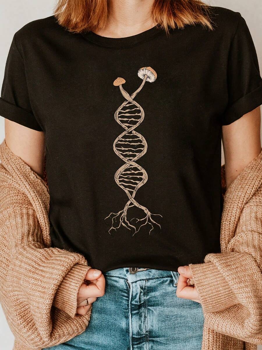2026 Women's Blouses, Fashionable Letter Print T-Shirt "DNA Mushroom Fungus", Short Sleeve, Round Neck, Casual Top For Summer And Spring, Women's Clothing. - 黑色 - 查看 1