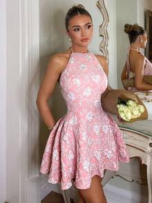 Charm Vestido sin mangas elegante y minimalista de color rosa tejido con pliegues en los lados, adecuado para banquetes y fiestas de té - Rosa - Ver 1