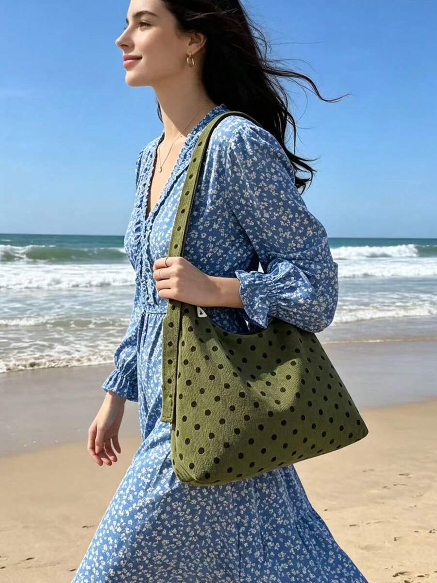 女款圓點燈芯絨大容量可調節肩背托特包,休閒復古圓點印花帆布托特包,適合日常使用與旅行 - 綠色 - 查看 1