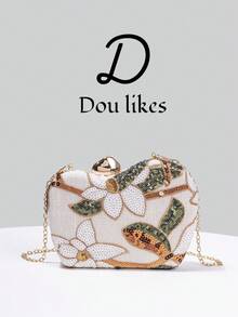 Dou Likes 中式風格手提包，香檳色亮片刺繡花卉鏈條晚宴包，搭配可調節細金鏈，完美適配中式旗袍、輕奢晚禮服、日常優雅穿搭，瞬間提升整體風格，點亮造型的完美收尾配件 - 杏色 - 查看 12