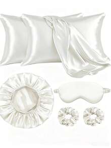 7pcs Solid Color Casual Satin Envelope Pillowcase, Shower Cap, Eye Mask, Sleep Pillowcase, Hair Scrunchie, 4-Season Daily Combination Gift Set - Multicolor - View 8