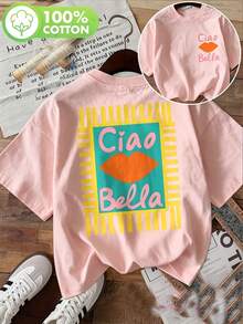 Women's Pink Ciao Bella Cotton T-Shirt, Casual Short Sleeve Round Neck Tee With Print For Everyday Chic - 粉色 - 查看 1