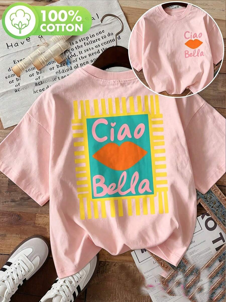 Women's Pink Ciao Bella Cotton T-Shirt, Casual Short Sleeve Round Neck Tee With Print For Everyday Chic - 粉色 - 查看 1