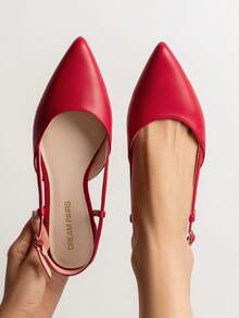 Women Flats Slingback Pointed Toe Elegant Lady Ballet Flats With Adjustable Buckle Strap Chic Fashion Low Heel Dress Casual Work Office Party Shoes - 紅色 - 查看 2