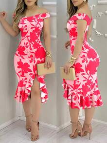 ChicMe Women's Leaf Print Cold Shoulder Mid-Length Fitted Mermaid Skirt, Ruffle Hem With Slit, Suitable For Party And Nightlife Wear - Pink - View 3
