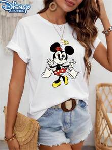Disney Cute, T-Shirt, Minnie Mouse Print, Cotton Blend, Women's Casual Wear, One Size(2) - 白色 - 查看 2