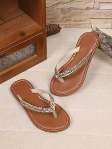 1 Pair Gold Glitter Toe-Post Flat Flip-Flops, Shiny PU Material, Round Toe Open-Toe Soft Sole Non-Slip Slip-On Design, Fashionable Minimalist Beach Sandals, Suitable For Daily Wear, Vacation, Beach Outings, Spring/Summer New Style - Gold - View 7