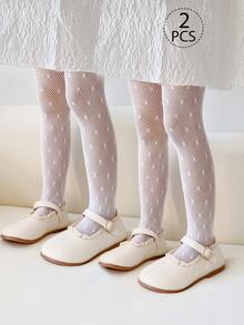 2雙女童幼兒波點提花褲襪，黑白純色，連腳網眼打底褲，春夏四季皆宜，可愛學院風，適合學生日常穿著、派對造型，可搭配裙子、短褲、小皮鞋，開學季新學期教室穿搭 - 彩色 - 查看 12