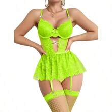 Lilosy Sexy Stocking Rhinestones Heart Garter Underwire Floral Mesh Lace Sheer Babydoll Lingerie Teddy Bodysuit Skirt Set - 螢光綠 - 查看 3