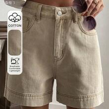yonghongmaoyi1  Pantalones cortos de mezclilla de cintura alta de unicolor casual para mujer - Caqui - Ver 2