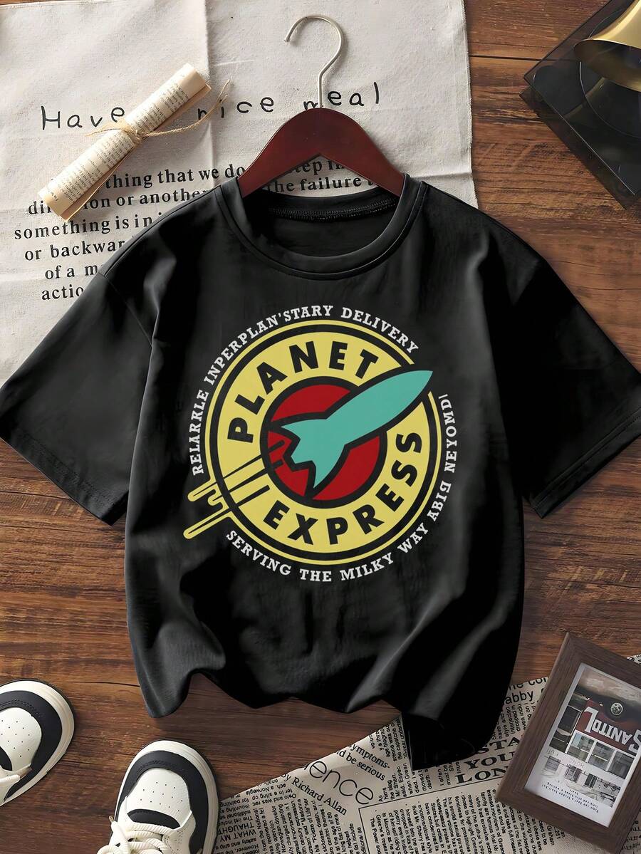 Unisex Planet Express Graphic Print Short Sleeve T-Shirt Casual Loose Fit Crew Neck Tee - Black - View 1
