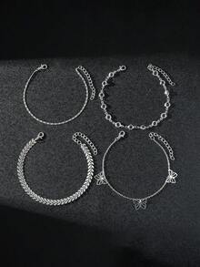 5pcs European And American Style Hollow Butterfly Pendant Anklet Set, Fashion Minimalist Chain Anklet, Hawaiian Beach Chain - Silver 4-piece Butterfly Anklet - View 3