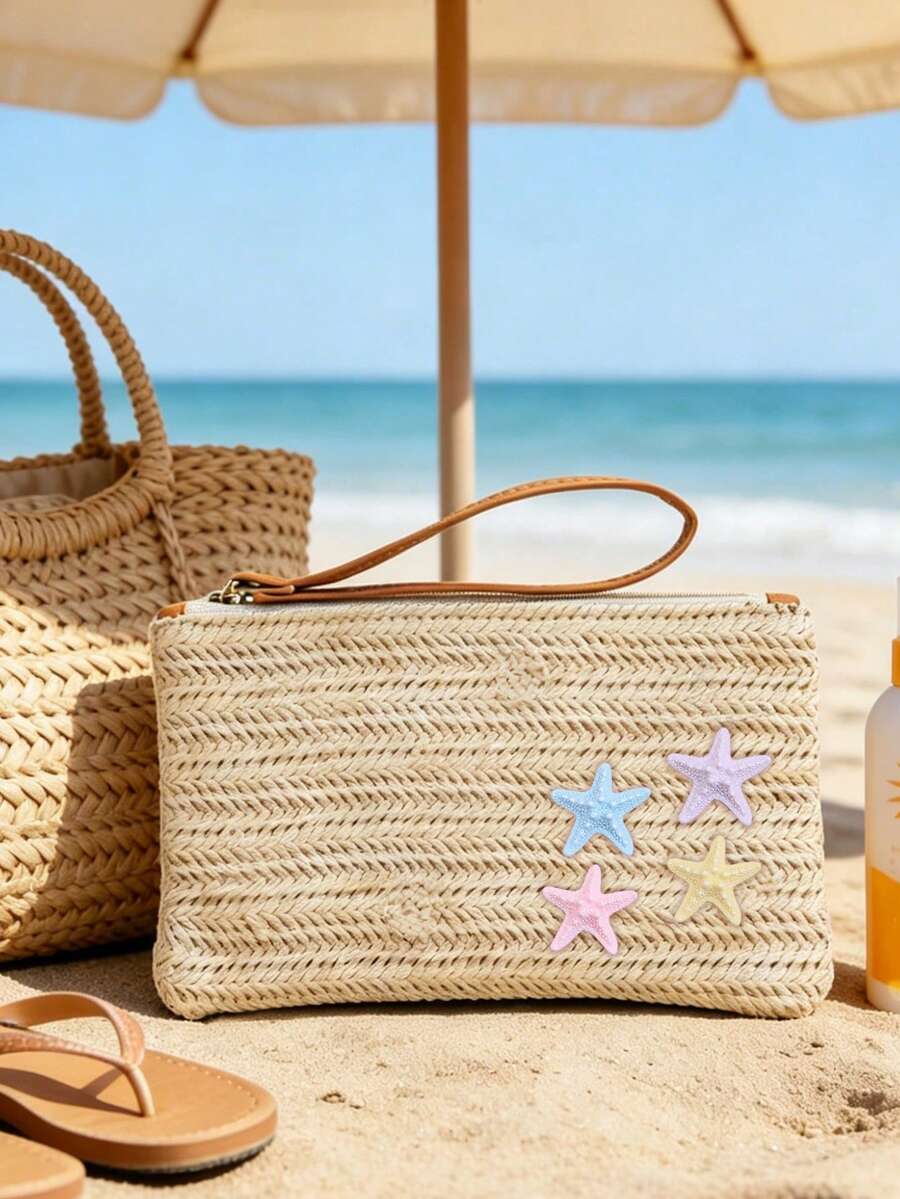 Straw Woven Clutch Bag With Starfish Decoration, Fresh Ocean Style Woven Coin Purse, Lightweight Durable Large Capacity Zippered Storage Bag, Summer Beach Vacation Bag, Travel Shopping Carry-On Organizer, Summer Gift For Girls And Besties, High Aesthetic, Suitable For Daily Casual / Vacation Travel, Easily Store Lipstick Keys And Small Items, Say Goodbye To Clutter, Full Of Summer Vibes, Perfect For Gifting Or Personal Use - Multicolor - View 1