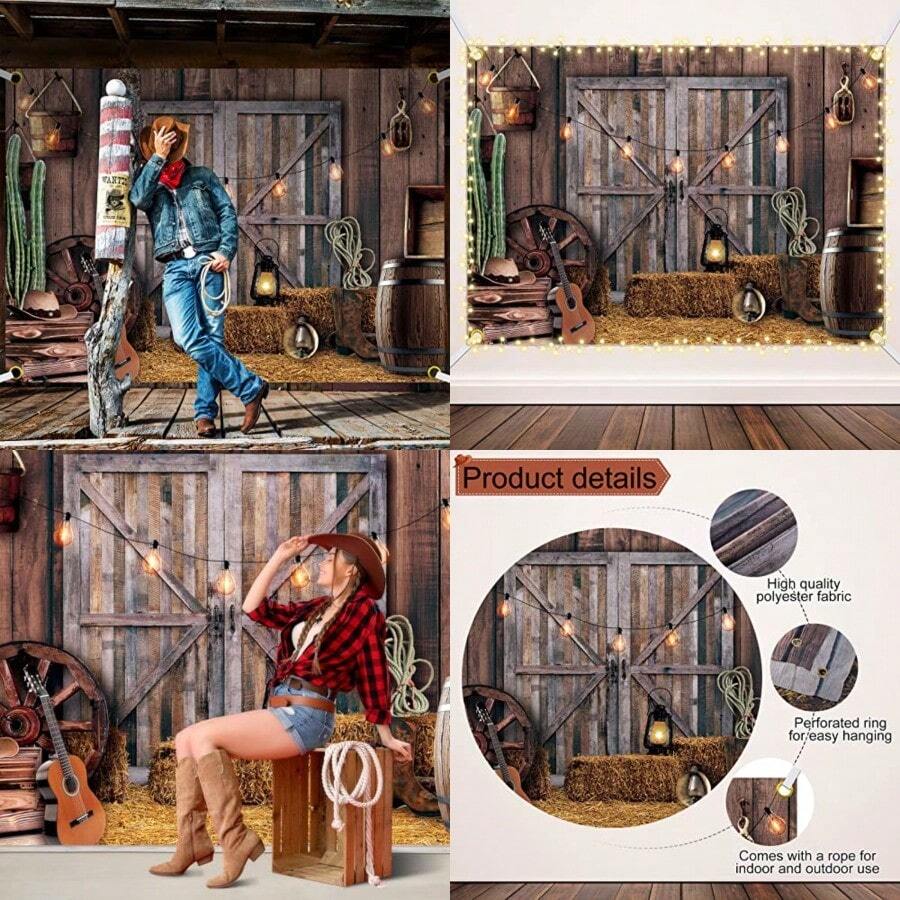 Telón de Fondo de Vaquero Occidental Suministros para Fiesta Occidental Decoración de Salvaje Oeste Fondo de Fotografía de Granero de Casa de Madera Rústico para Cumpleaños Fotomatón Pies - Estilo clásico - Ver 1
