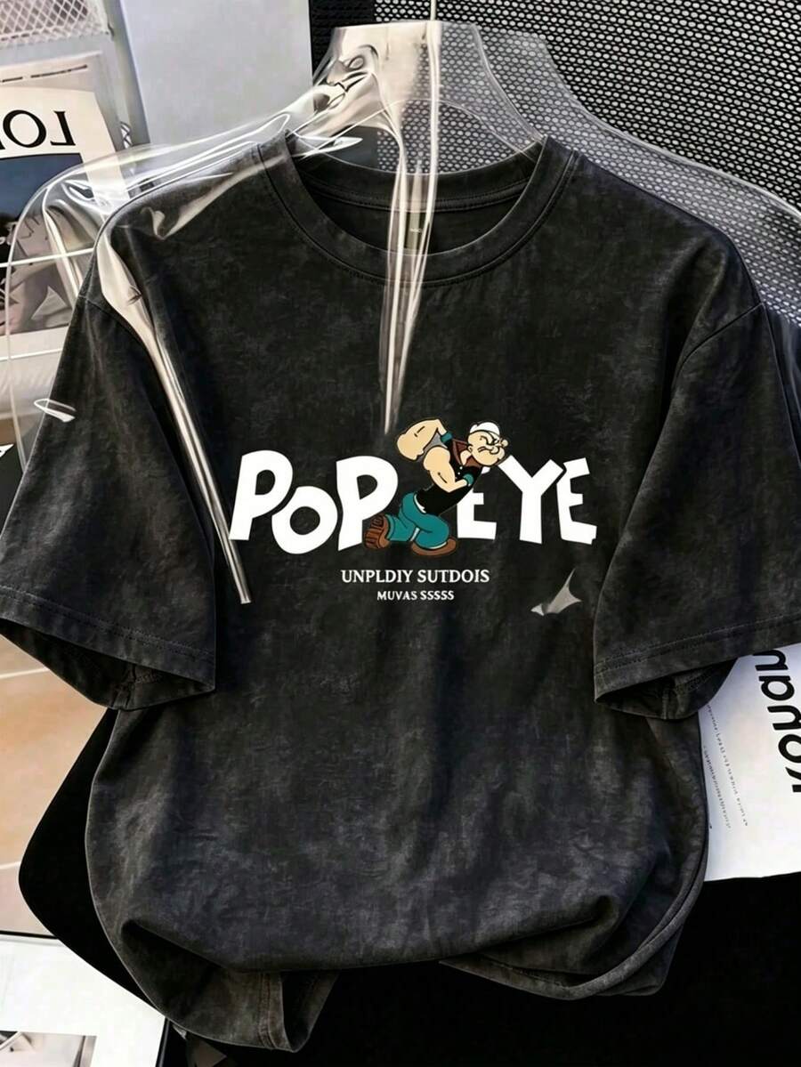 Camiseta de manga corta con estampado retro de agua en estilo americano, de ajuste holgado en rosa y blanco, de estilo casual para el campus en verano para mujeres - Negro - Ver 1