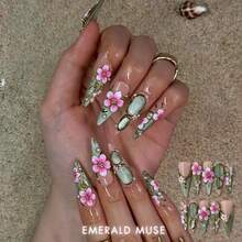 UltraBaddie 10 PCS Handmade Stiletto Press-On Nails | Sage Green & Nude Acrylic Nails, 3D Pink Cherry Blossom & Metallic Gold Edgy Art (Tool Kit Included) - Multicolor - View 4